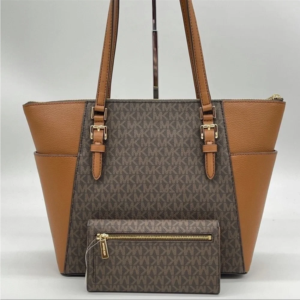 Michael Kors Large Charlotte Tote Bag & Trifold Wallet Leather Brown - Picture 9 of 12
